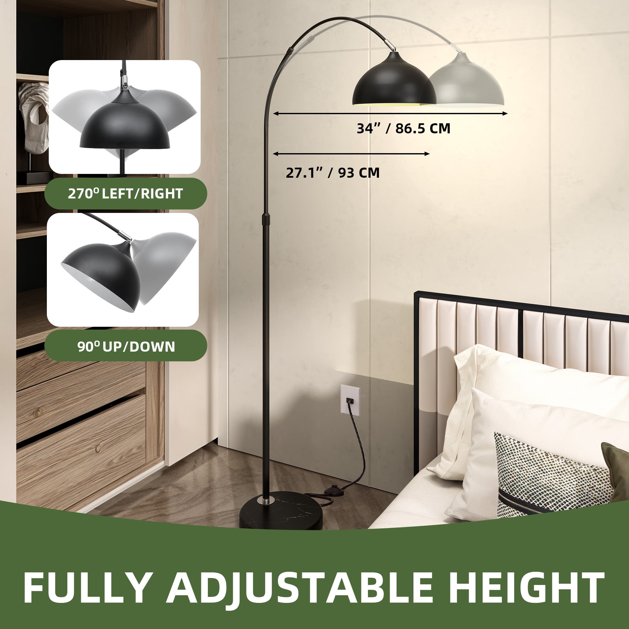 Uforic Black Marble Floor Lamp with Adjustable Height & Compatible E26 Bulbs, Foot Switch, 100W Max