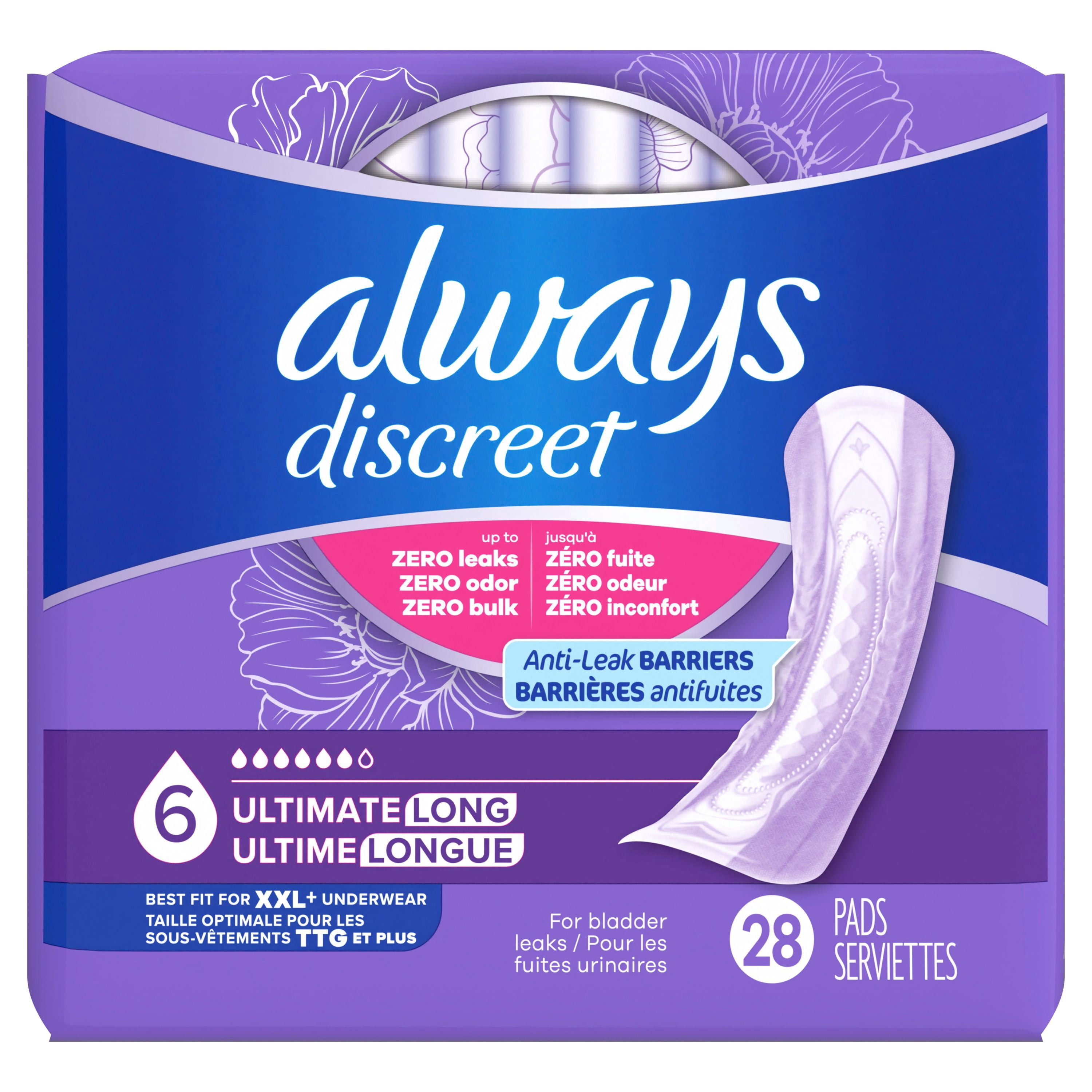 Serviettes d’incontinence Always Discreet pour femmes adultes, degré d’absorption suprême, longues, serviettes de post-partum, 28 serviettes