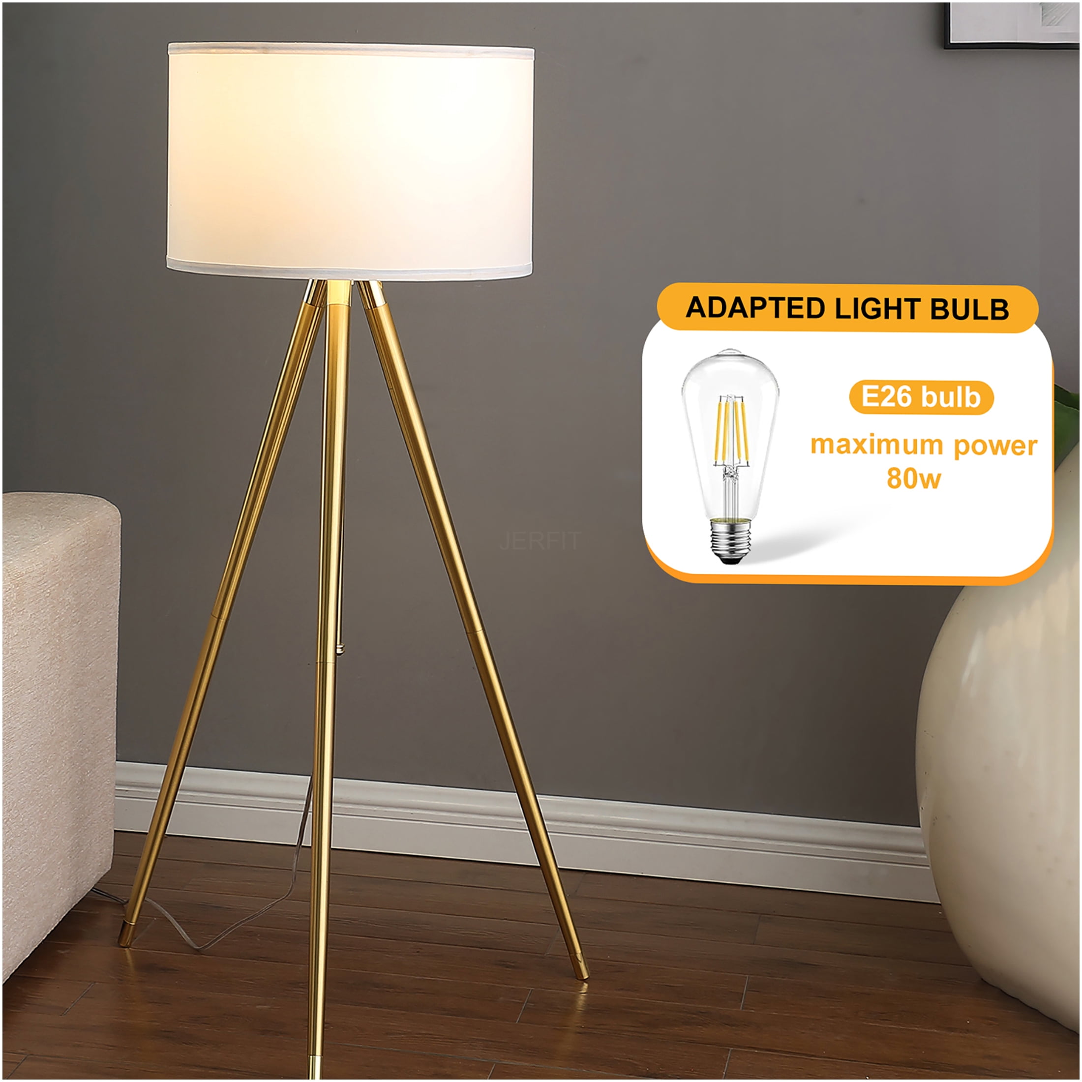 JERFIT Adjustable Tripod Floor Lamp with White Drum Shade, Modern Gold Standing Lamp for Living Room, Bedroom, Office Decor