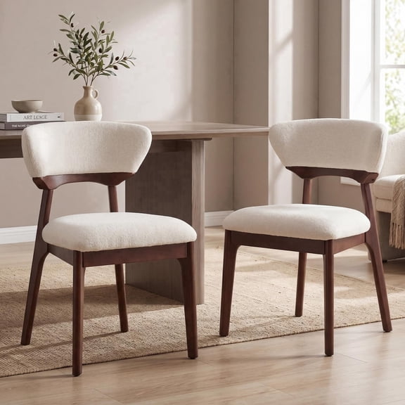 Guyou Wooden Dining Chairs Set of 2, Mid-Century Modern Upholstered Chenille Kitchen Chairs with Ergonomic Curved Back, Solid Rubberwood Legs, Accent Side Chairs, Cream White & Walnut