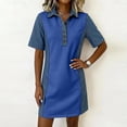 thumbnail image 2 of QSAWXQZ Women's Denim Patchwork Shirt Dress Quarter Button Lapel Collar Short Sleeve Mini Dress S, 2 of 9