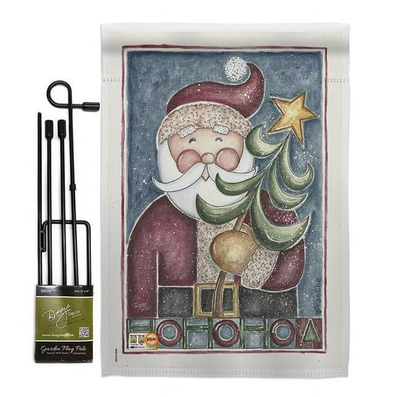 Breeze Decor BD-XM-GS-114127-IP-BO-D-US16-AL 13 x 18.5 in. HoHoHo Santa Tree Winter Christmas Impressions Decorative Vertical Double Sided Garden Flag Set with Banner Pole