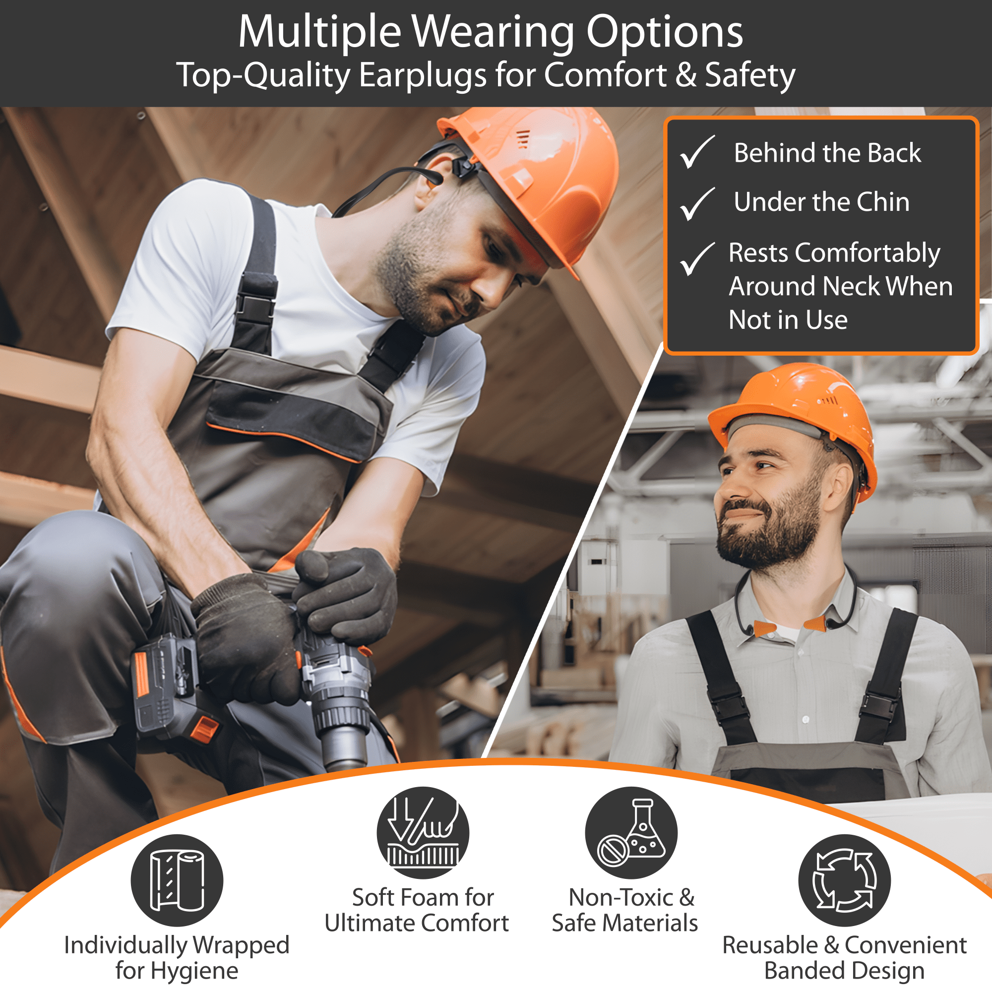 10 Pair Banded Ear Plugs with Foam Pods - 25dB Safety Earplugs for Work Industrial Ear Protection Construction Behind the Head Hearing Protection