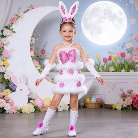 TrendOFT Girls Easter Toddler Sleeveless Dress Cartoon Bunny Shaped Holiday Party Performance Outfits White 2-3 Years
