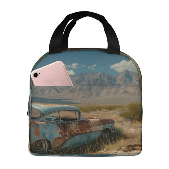 Vsdgher Deserted Classic Car Landscape Lunch Bag, Lunch Box for Women Adult Men, Lunch Tote Insulated Cooler Lunch Container for Work/Office/Picnic/Travel