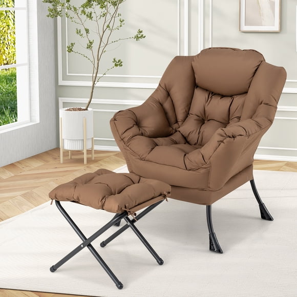Gymax Lazy Sofa Chair Accent Leisure Armchair w/ Folding Footrest & Storage Pocket Brown