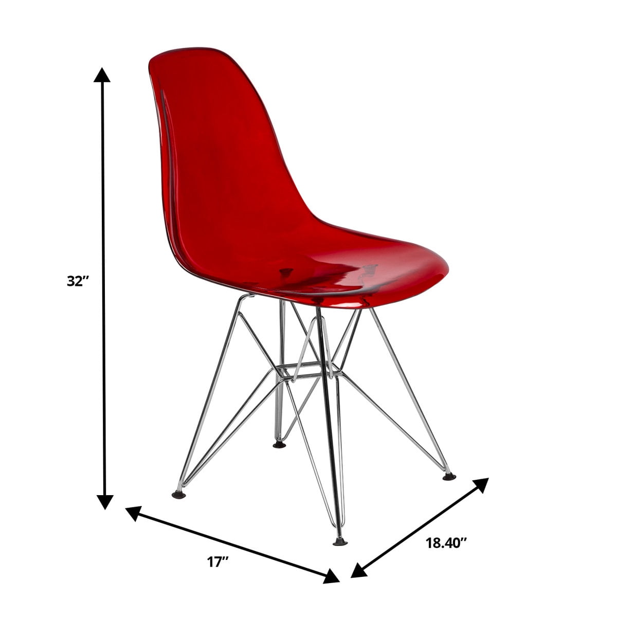 Cresco Dining Chair in Acrylic with Chrome Eiffel Base and Curved Back Design Lightweight Easy Assembly for Modern Home, Kitchen, Cafes in Transparent Red