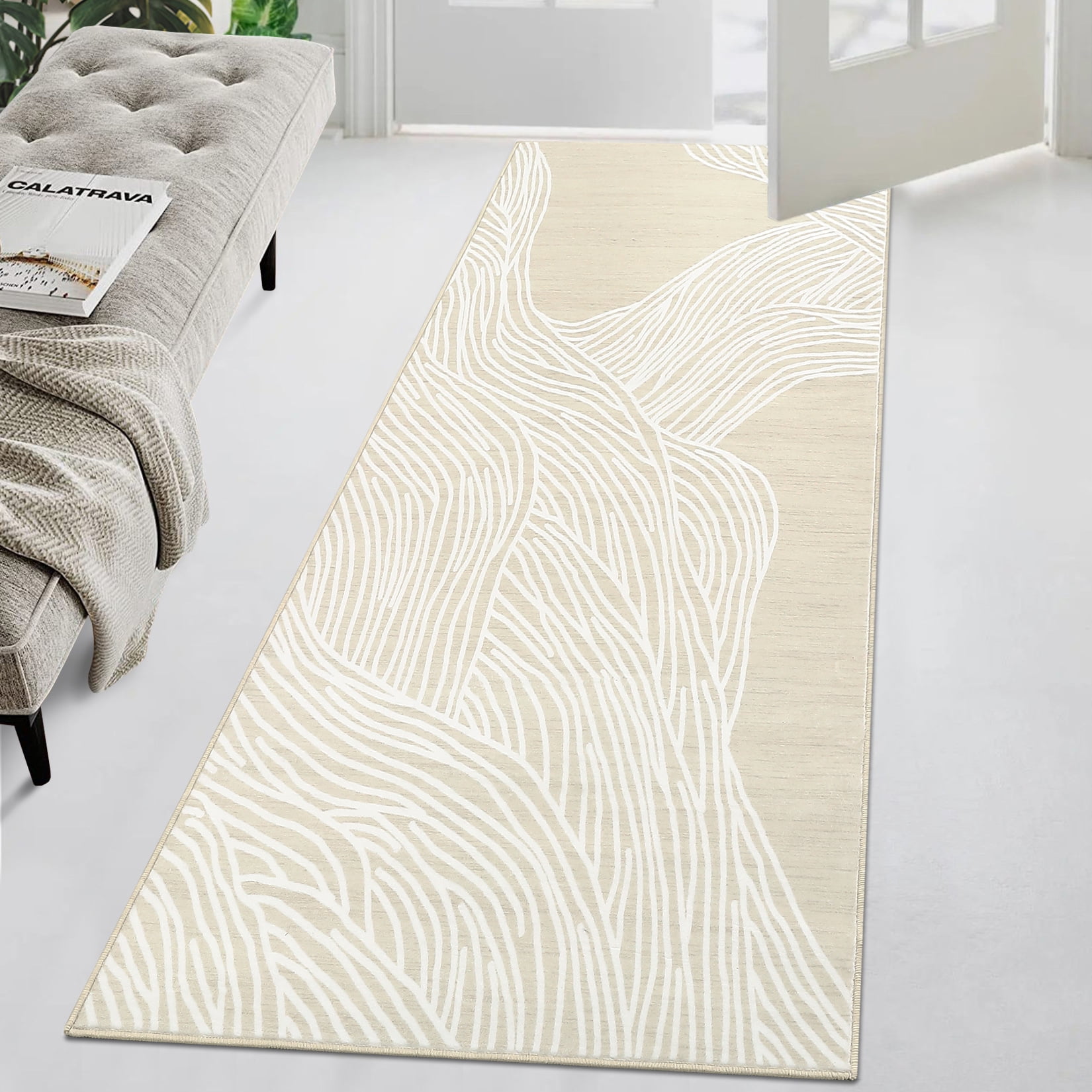 HOMERRY Runner Rug 2' x 6' Washable Modern Abstract Line Hallway Indoor Runner Carpet for Kitchen, Camel