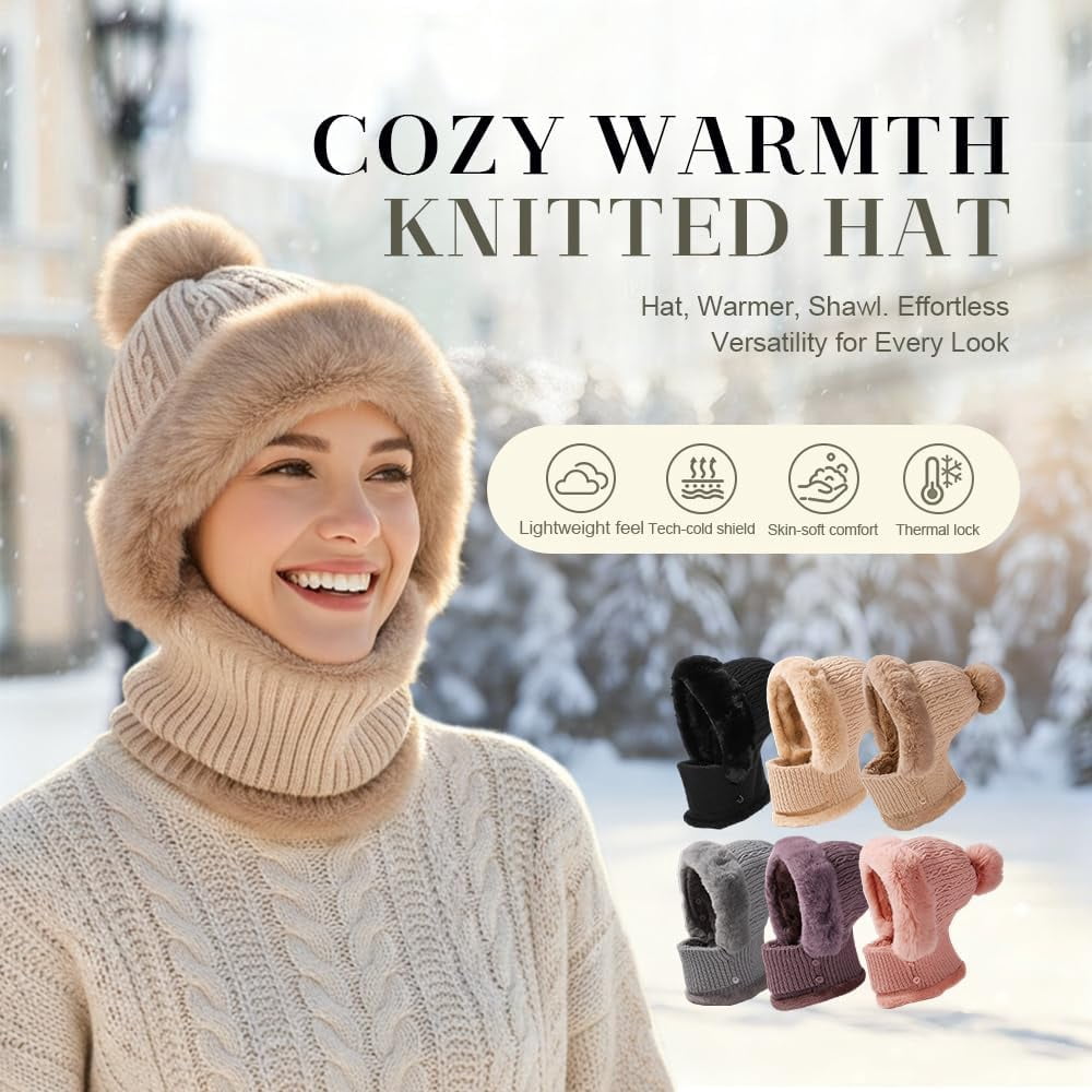 ABPETE 3 in 1 Beanie Hat for Women, Windproof Balaclava Scarf with Face Cover,Winter Outdoor Knitted Ski Scarf and Mask Set