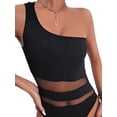 thumbnail image 5 of Biekopu Women´s Summer Short Black Mesh Sheer Spliced Bodysuits Sleeveless One-Shoulder Straps Skinny Leotard Tops, 5 of 7