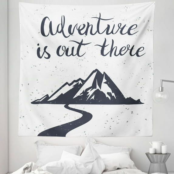 Landscape Tapestry, Monochrome Mountain Road Exploration Words Adventure is out There, Fabric Wall Hanging Decor for Bedroom Living Room Dorm, 5 Sizes, Charcoal Grey and White, by Ambesonne