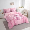 thumbnail image 3 of Manfei Girls Pink Ribbon Bowknot Bedding Comforter Set 7pcs,Geometric Stripes Queen Bedding Sets Super Cozy,Dreamy Princess Queen Sheet Sets,Microfiber Bedroom Decor,Reversible, 3 of 8