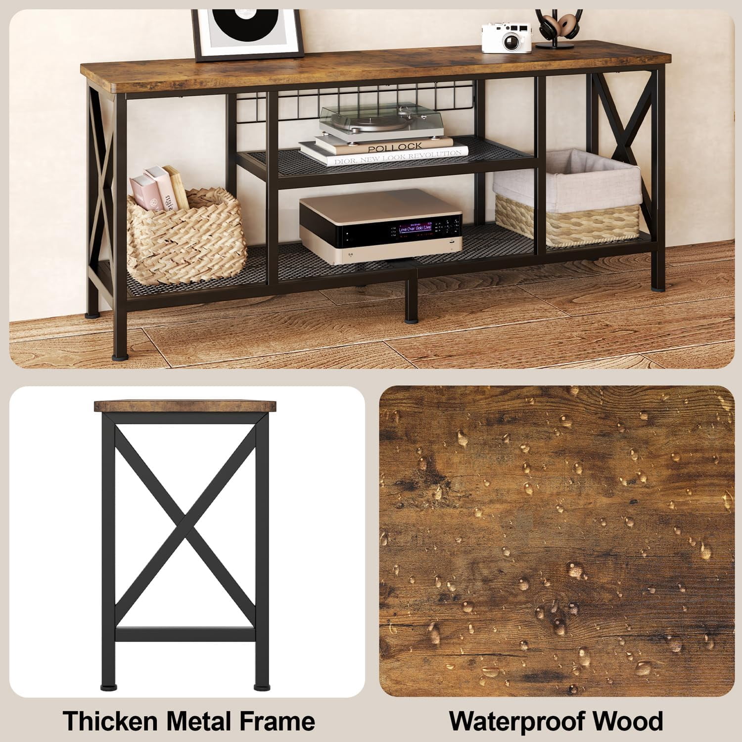 65 Inch TV Stand, 3-Tier Entertainment Center with Open Shelves, Lofka Sofa Table with Metal Frame for Living Room, Bedroom, Office, Rustic Brown(Soporte de TV)