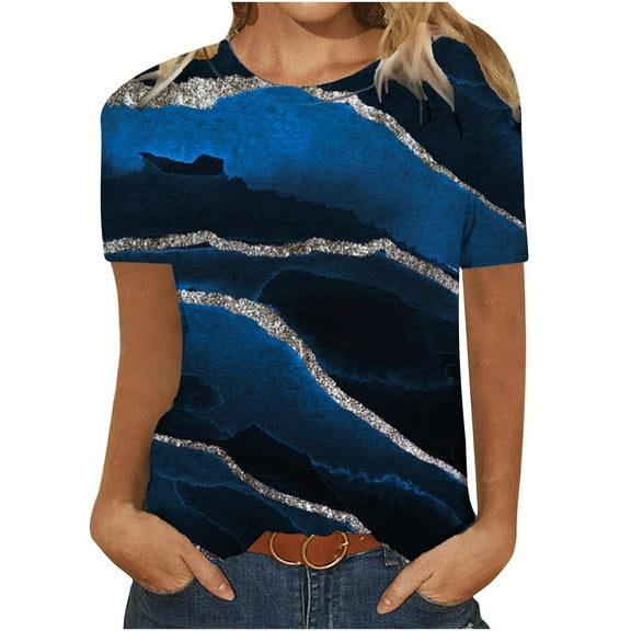 Aoochasliy Blouses for Women Clothes Women's Fashion Printed T-shirt Short Sleeves Blouse Round Neck Casual Tops