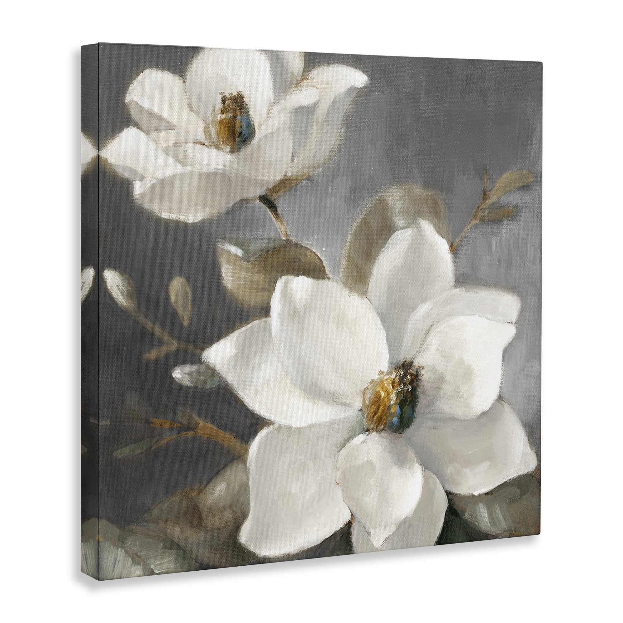 Stupell Industries Magnolias on Grey Botanical & Floral Painting Gallery Wrapped Canvas Art Print Wall Art, 17 x 17