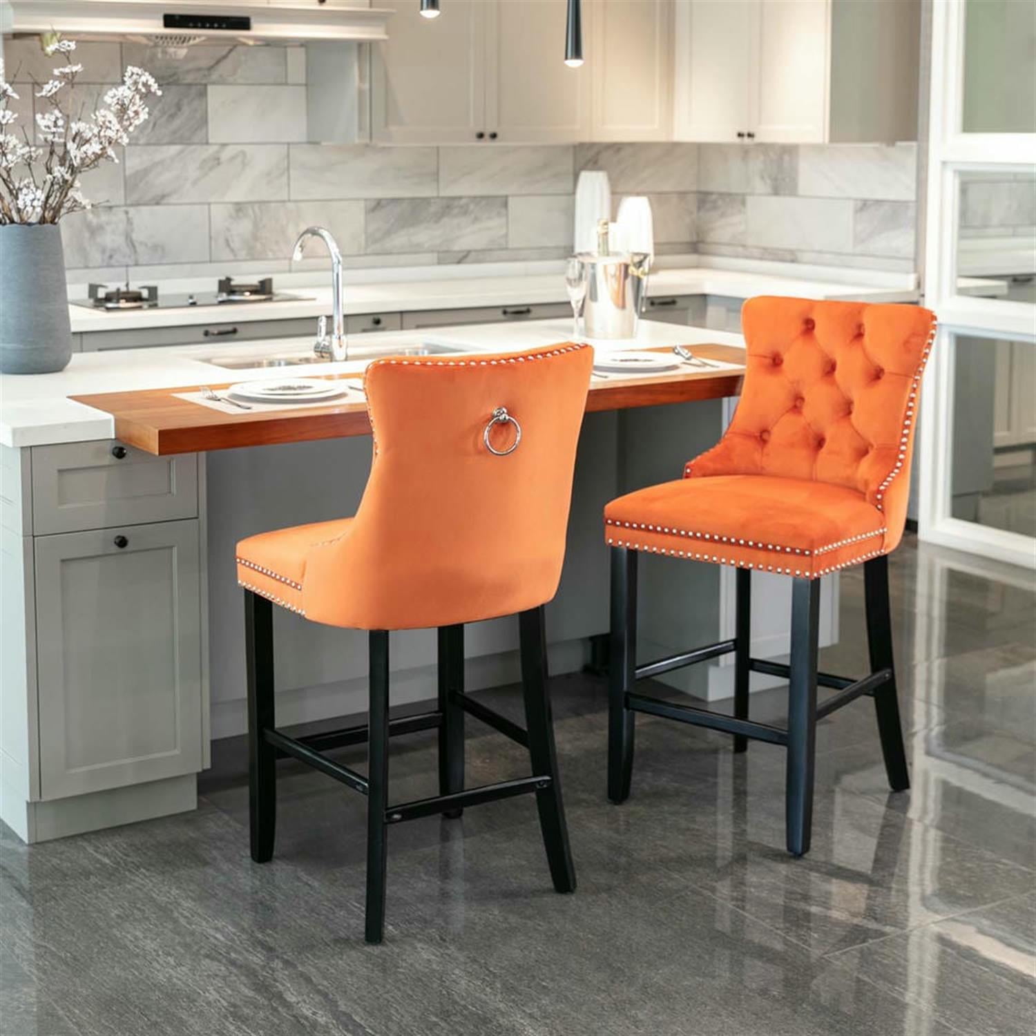 Demi Bonn 40" Counter Height Bar Stools Set of 2, Velvet Upholstered Barstools with Back, Kitchen Island Countertop Chairs for Dining Room, Orange