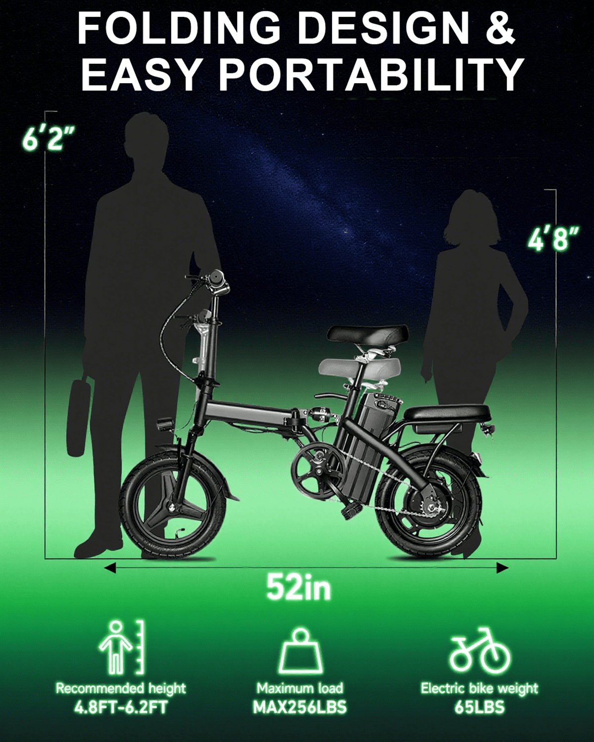 14" Foldable Electric Bike for Adults, Commuter E-Bike with 500W Peak Motor, 48V 12Ah Removable Battery, 20 MPH 32 Miles Range,UL 2849