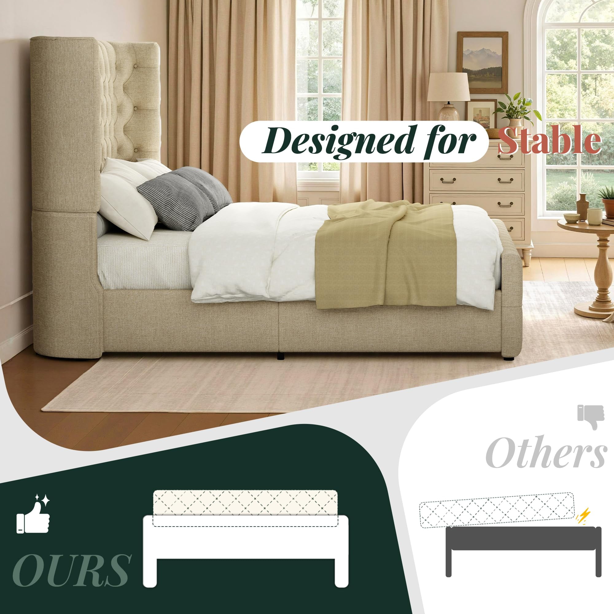 Amerlife Queen Bed Frame with 49” Upholstered Wingback Headboard, Noise-Free Platform Bed with Steel Frame and Slip-Resistant Edges, Khaki