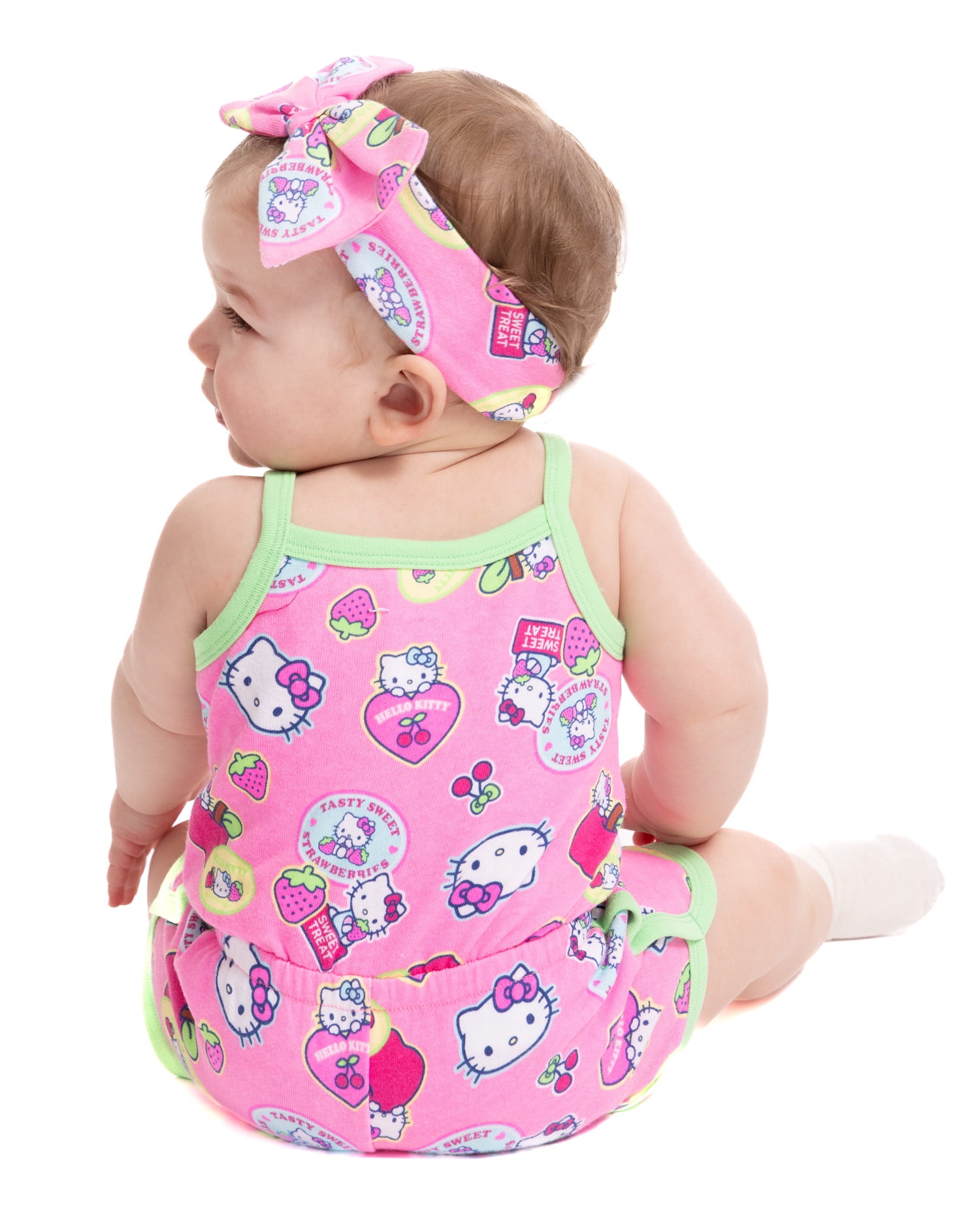 Hello Kitty Baby Girls Spaghetti Strap Print Romper with Matching Bow Headband, Sizes 0/3M-24M
