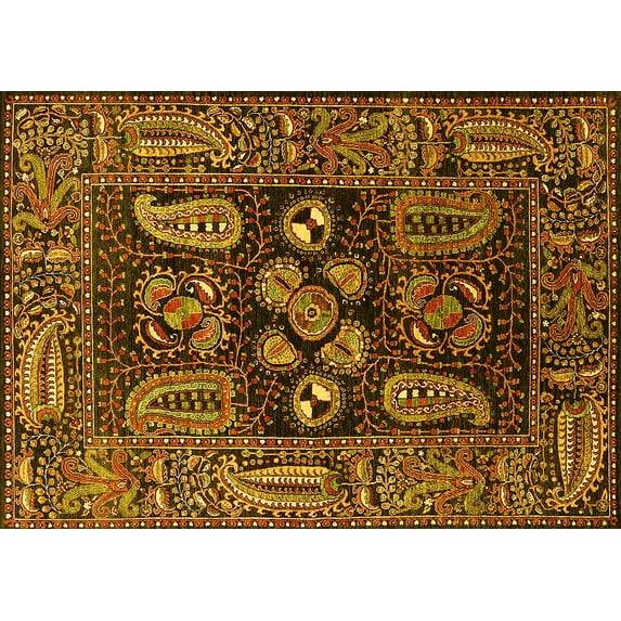 Ahgly Company Machine Washable Indoor Rectangle Oriental Yellow Industrial Area Rugs, 7' x 10'