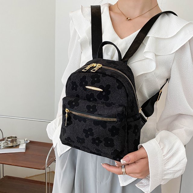 Mochila Pure con estampado de flores para niña, mochila escolar portátil de lona suave (negro)