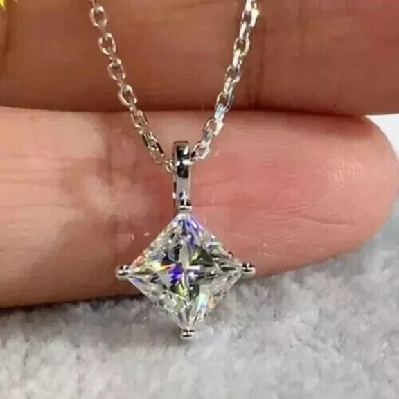 2.00Ct Princess Cut Lab Created Diamond Solitaire Pendant 14K White Gold Plated