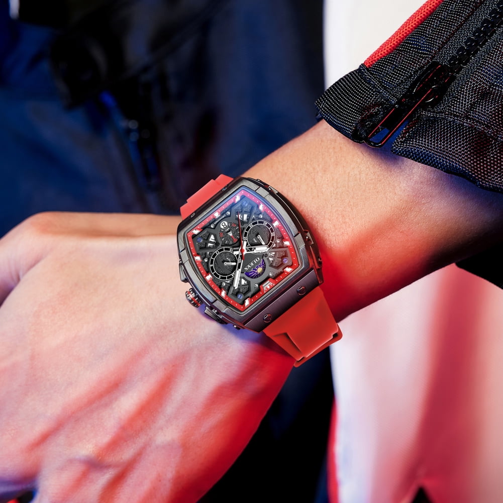 OLEVS Watches for Men Chronograph Waterproof Luxury Dress Quartz Silicon Strap Multifunction Moon Phase Calendar Luminous Men Wrist Watches Reloj Para Hombre Black/Red