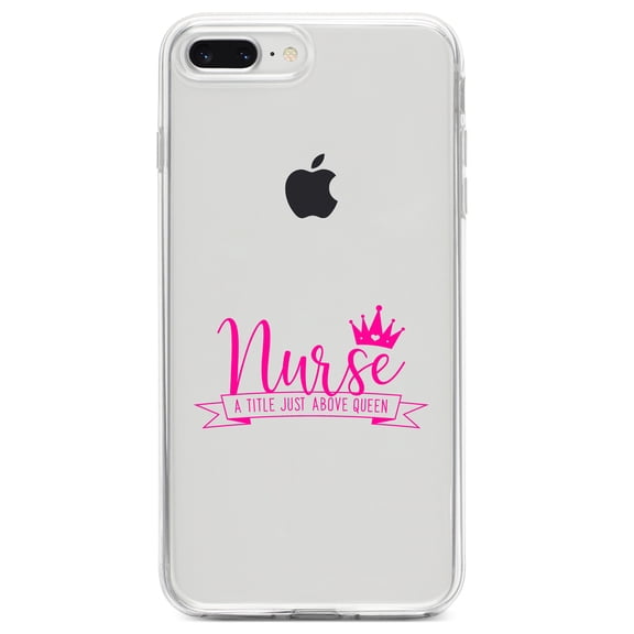 DistinctInk Clear Shockproof Hybrid Case for iPhone 7 PLUS / 8 PLUS (5.5" Screen) TPU Bumper Acrylic Back Tempered Glass Screen Protector - Nurse - Title Just Above Queen - Pink