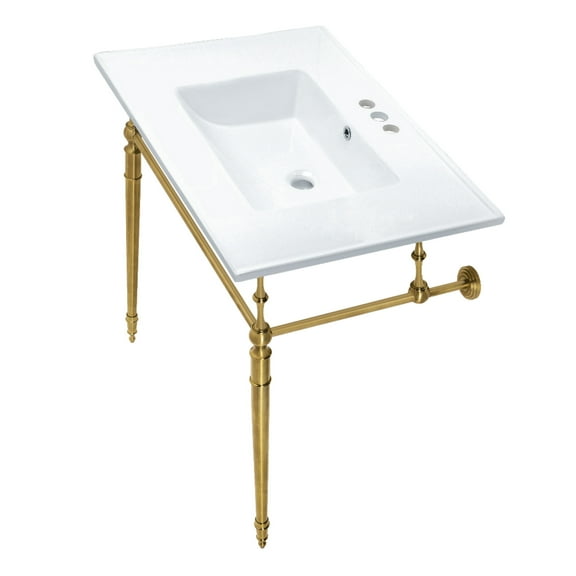 Kingston Brass KVPB31227W4BB Edwardian 31" Ceramic Console Sink with Brass Legs (4-Inch, 3-Hole), White/Brushed Brass