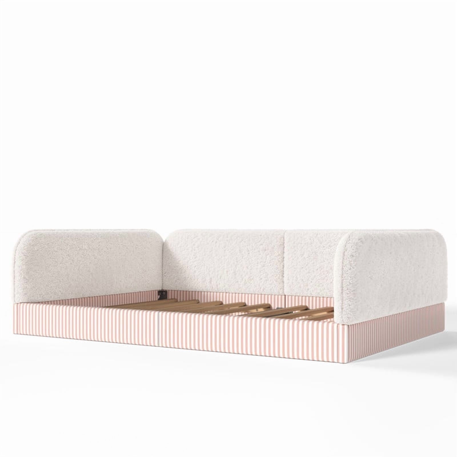 Full Size Upholstered Floor Daybed Frame for Kids, Half-Enclosed Montessori Platform Bed with 3-Sided Surrounding Guardrails