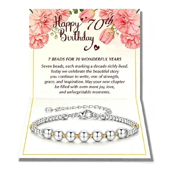 70th Birthday Bracelet Gift for Women, 7 Beads for 70 Wonderful Years, Meaningful Milestone Keepsake with Floral Message Card, Adjustable Birthday Gift for Her