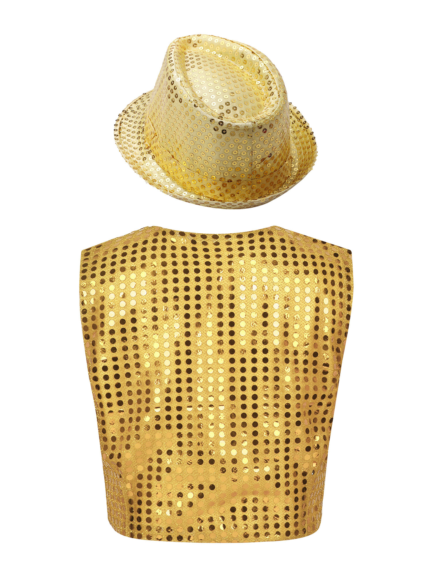 IEFIEL Kids Boys Sparkle Sequins Button Down Vest with Hat Dance Outfit Set Hip Hop Jazz Stage Performance Costume Gold 11-12 - image 2 of 7
