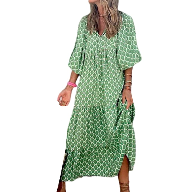 LUXUR Robe Maxi pour Femmes Été Évasée Imprimée Froncée Manches Bouffantes Kaftan Vert Clair 2TG