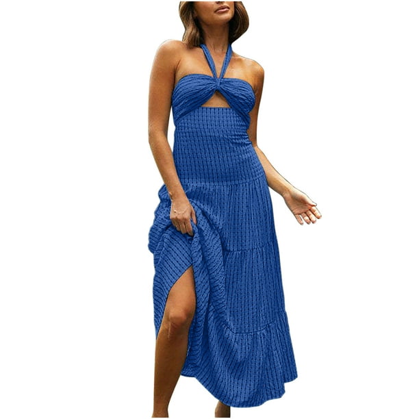 Women's Summer Halter Slim Dress Sleeveless Cut Out Backless Flowy Maxi ...