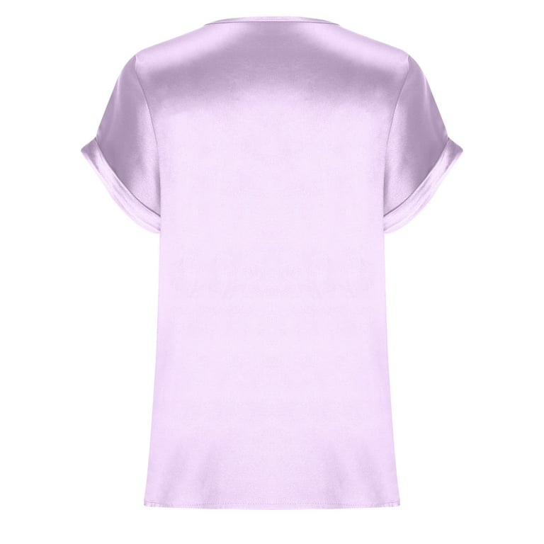 Tunic Satin Feeling Short Tops Sleeve Smooth Women\'s Fashion JGGSPWM Purple Crewneck Blouse Tees Silk XL Shirts T-shirts
