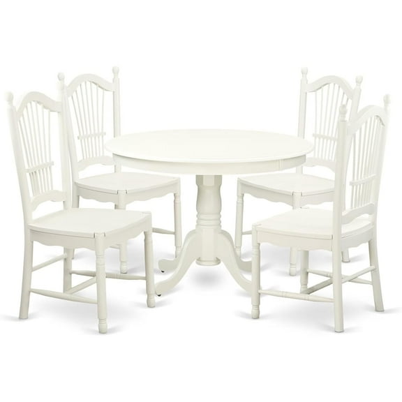 HomeStock 5 Piece Dining Table Set for 4 Includes a Round Kitchen Table with Pedestal and 4 Dining Room Chairs, 42x42 Inch,Linen White