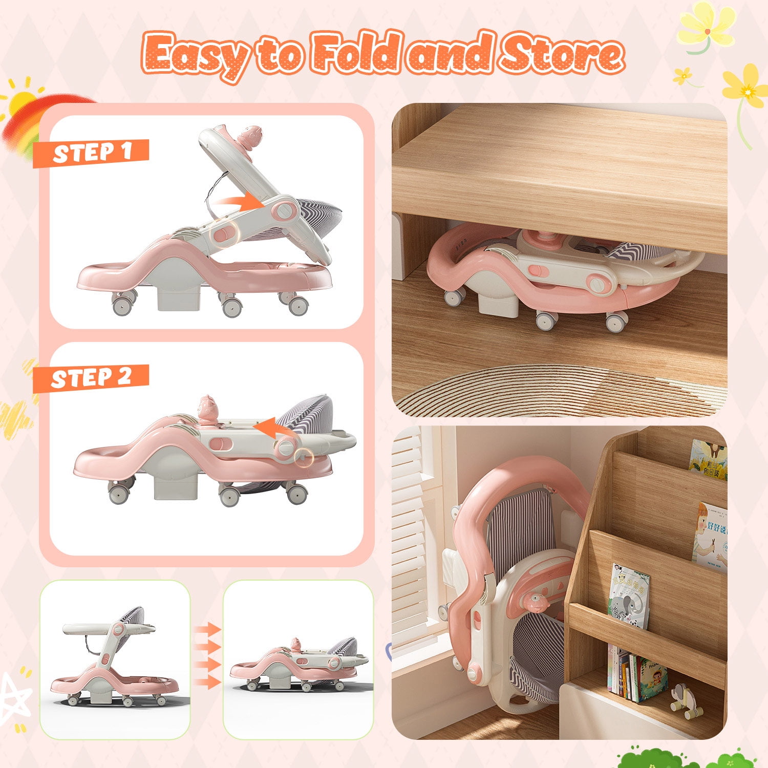WonderStone 5 in 1 Baby Walker, Foldable Push Walker with Wheels, Music & Light, Baby Bouncer, Baby Activity Center for Boy Girl 6-12 Months (Pink)