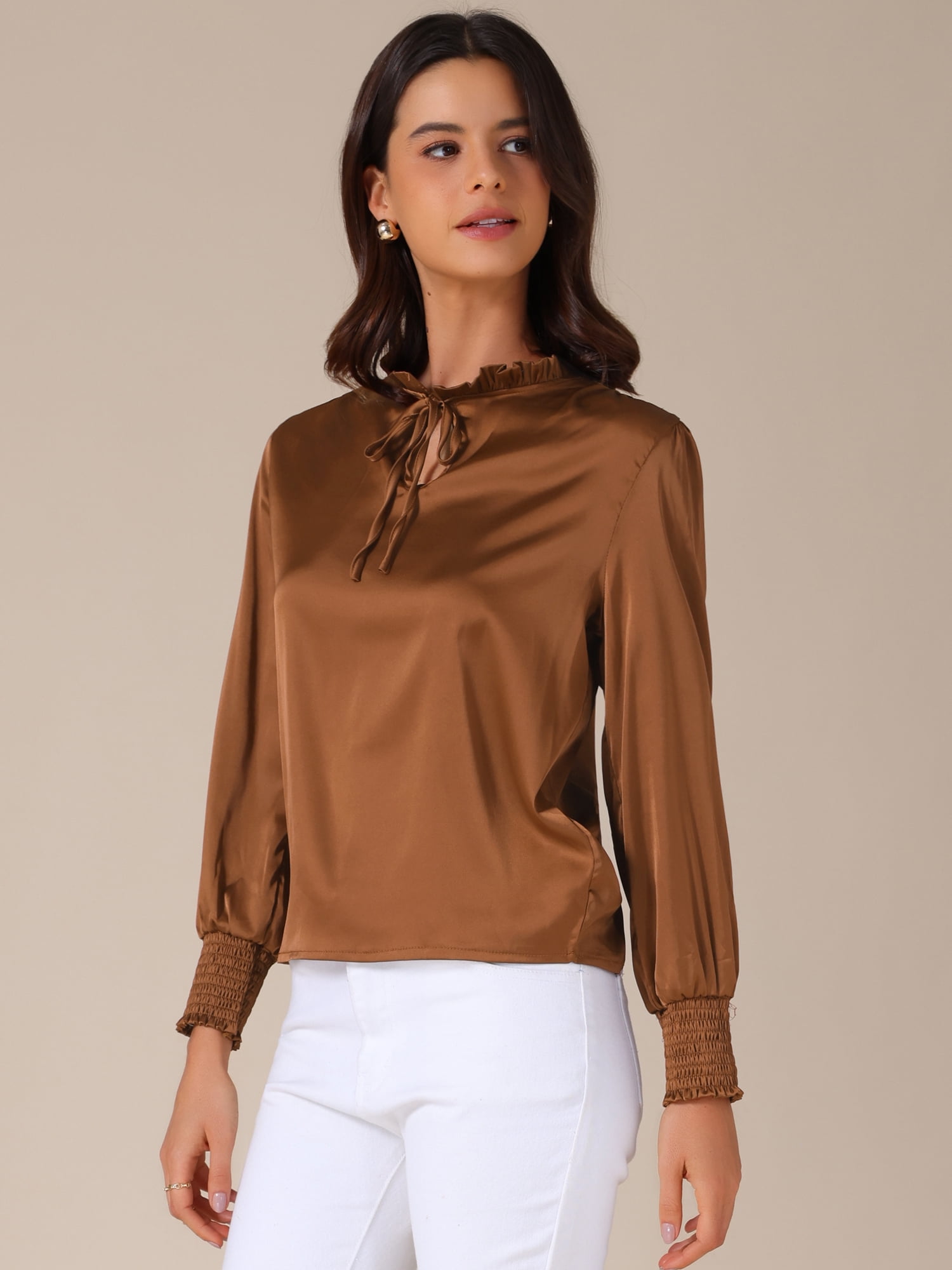 DARING DIVA Women's Satin Long Sleeve Mock Neck Self Tie Work Shirts XS Dark Brown