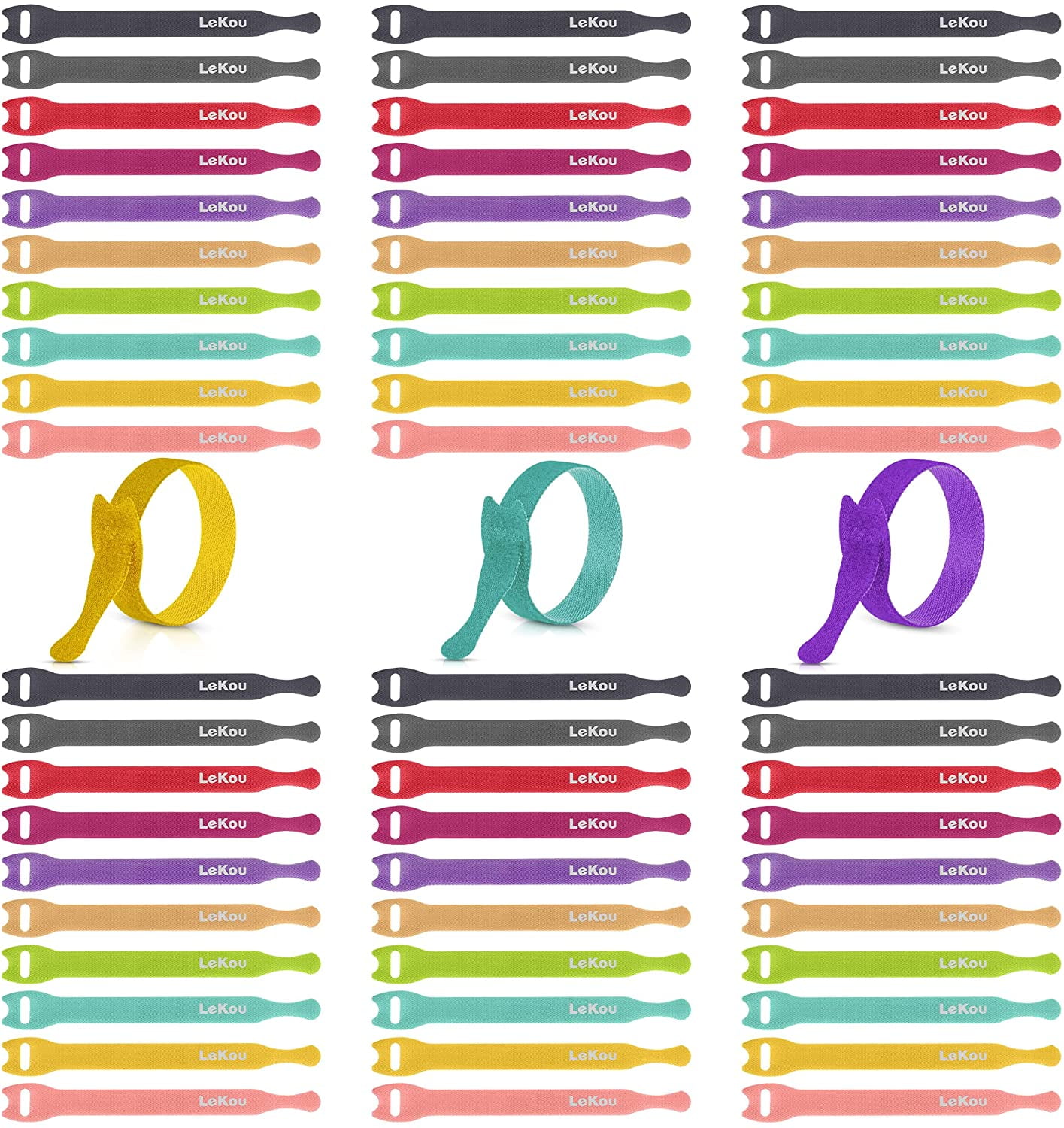 Lekou 60 Pcs Cable Ties 6 Inch Reusable Hook and Loop Cord Organizer Cable Ties for Home Office Outdoors