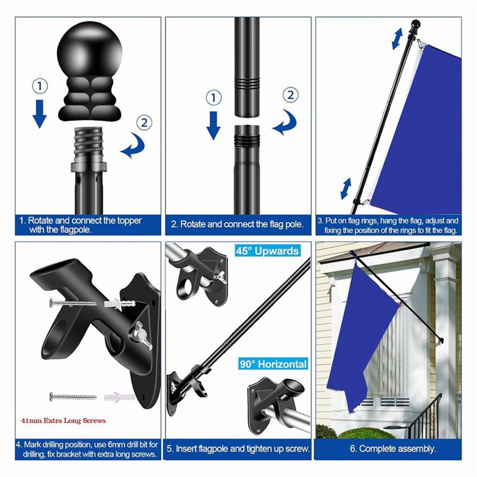 Flag Pole Set for House Porch, 6 FT Thickened Stainless Steel Wall Mount Flagpole Rotating Flagpole Rings No Bracket