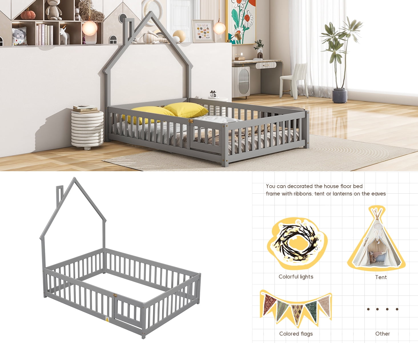 Bellemave Full Size Floor Bed with House-shaped Headboard and Fence Full Wood Floor Bed Frame with Guardrails and Door Montessori House Bed, Gray