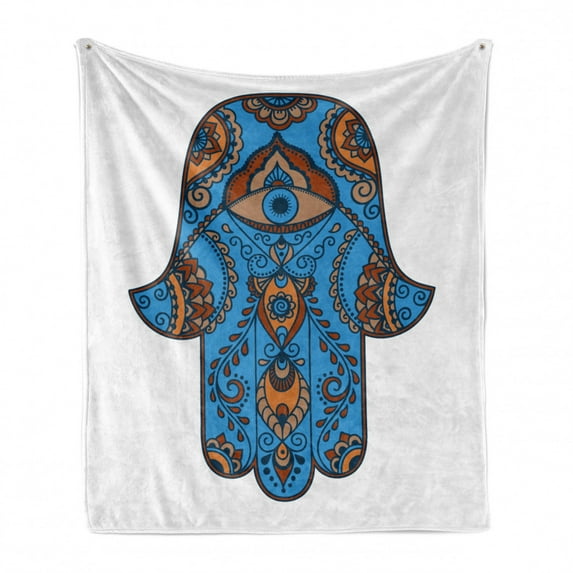 Hamsa Soft Flannel Fleece Throw Blanket, Sign of Protection with Curly Paisley Pattern Ornament All Seeing Eye, Cozy Plush for Indoor and Outdoor Use, 70" x 90", Blue Brown Vermilion, by Ambesonne