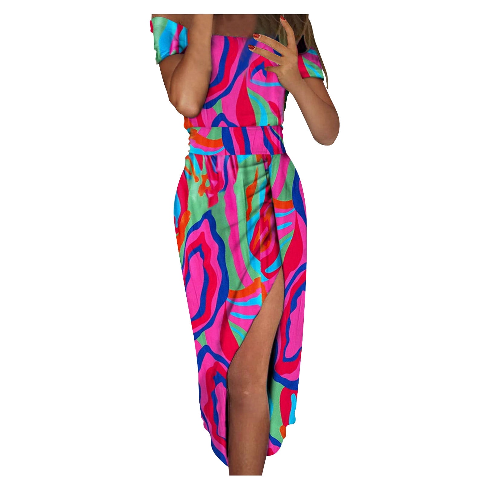 Qipopiq Cocktail Dresses For Women Party Short Sleeve Sexy Off Shoulder Floral Summer Dress Print High Slit Waist Ruched Bodycon Evening Party Dresses