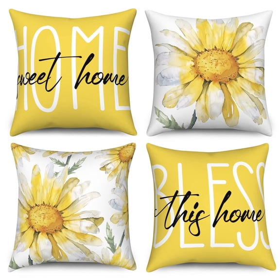 Spring Summer Flowers Yellow Throw Pillow Covers 18x18 Set of 4,Sweet Home Bless Decorative Pillow Cases for Bedroom Sofa Couch