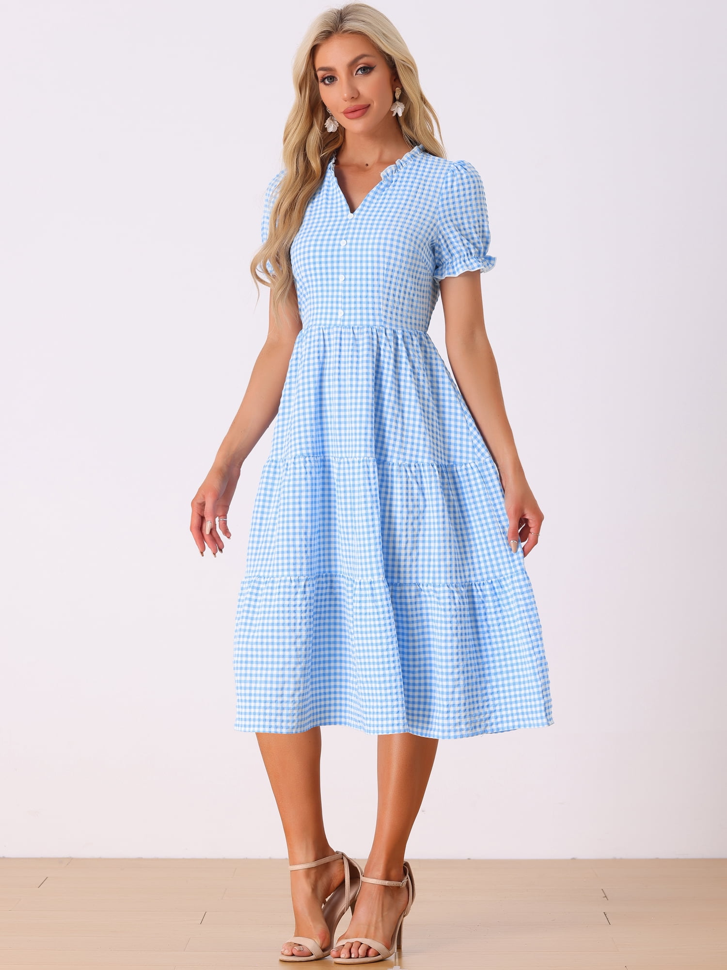 DARING DIVA Women's Gingham Summer Ruffle Trim V Neck Button Decor Dresses XS Blue