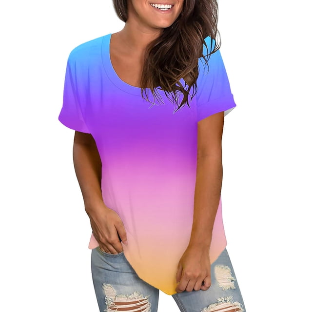 WEAIXIMIUNG Chemises Boutonnées pour Femmes Lin Blanc Femmes Décontracté Multicolore Dégradé Col Rond Manches Courtes T-Shirt Ample