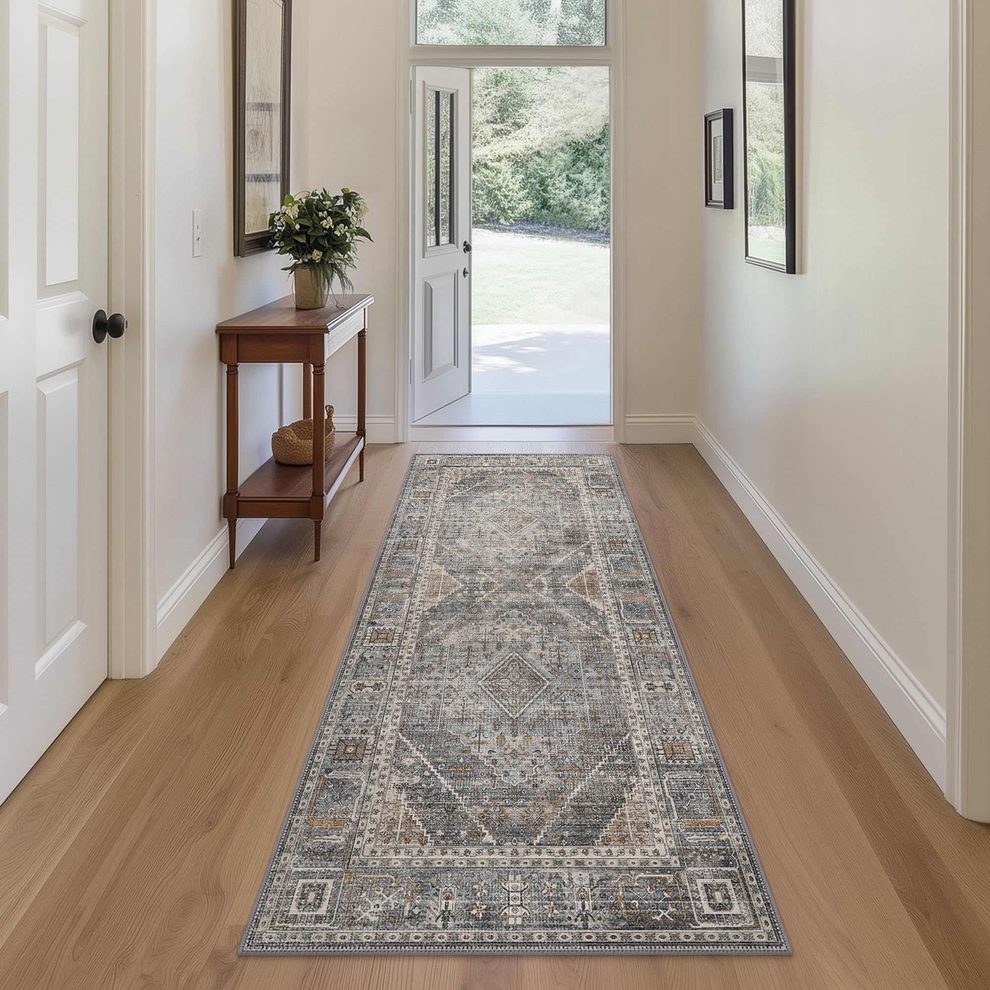 DEORAB Runner Rug 3X8 Non Slip Hallway Vintage Rugs, Machine Washable Lightweight Mat for Living Room, Entryway, Bedroom, Kitchen and Passage, Ultra-Thin, Light Gray
