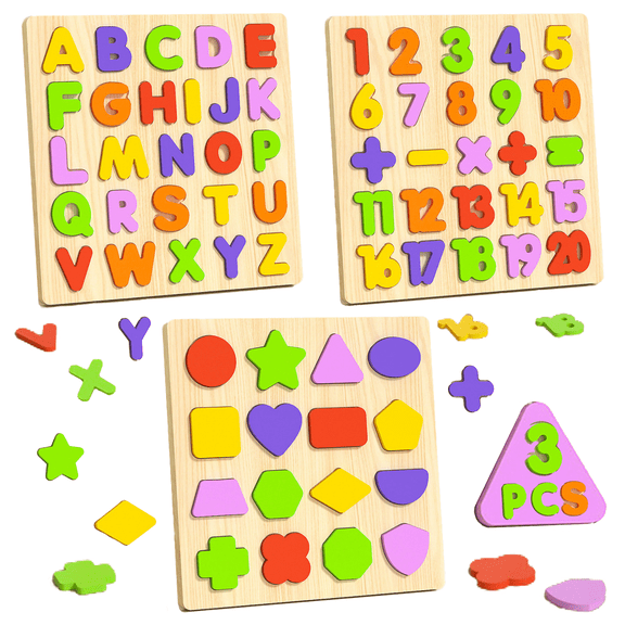 Alphabet Wooden Puzzles for Toddlers 3-5, Pack of 3 ABC, Number and Shape Puzzle, Preschool Educational Learning Toys with Puzzle Board & Letter Blocks for Girls Boys Ages 3 4 5 Years Old