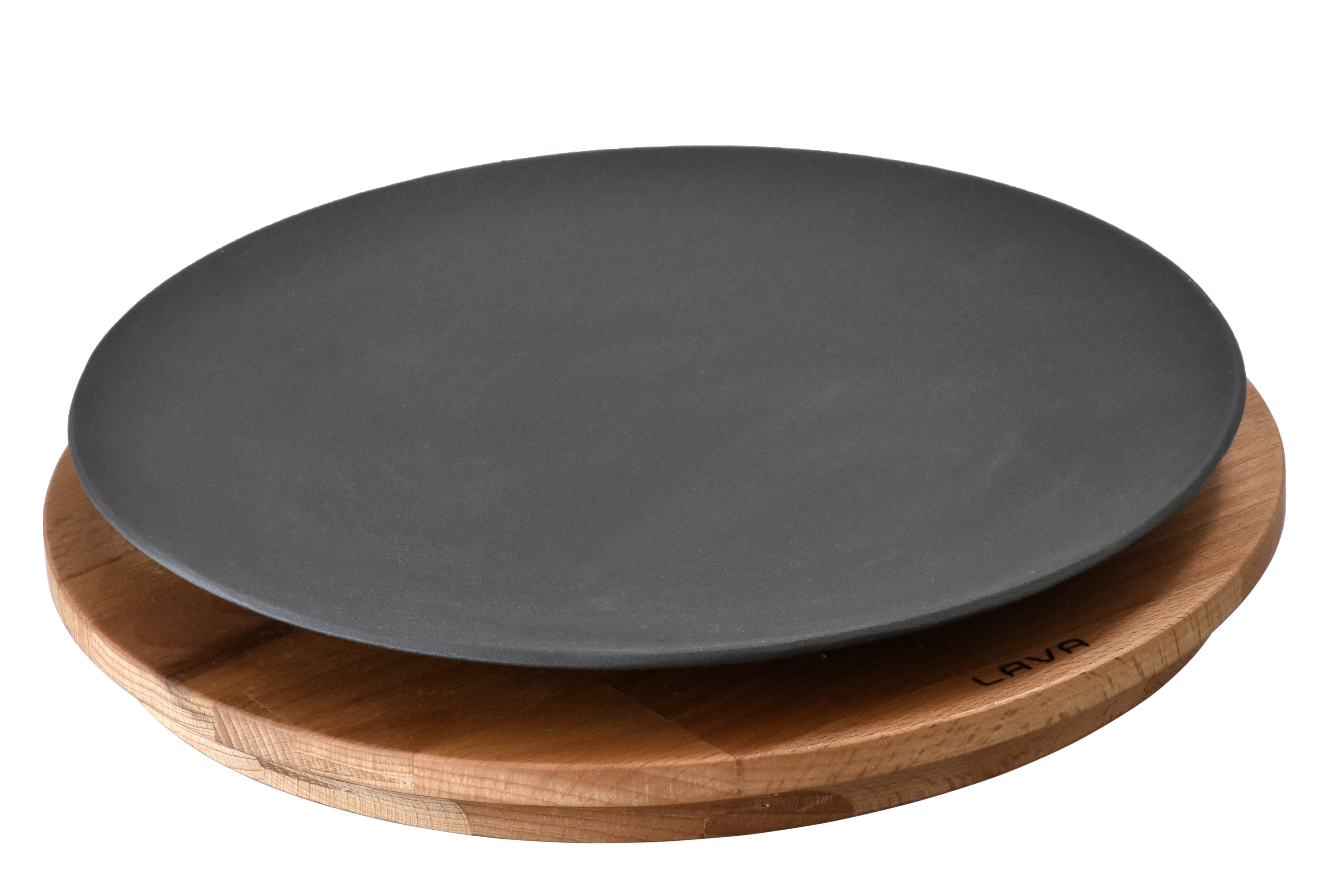Lava Enameled Cast Iron Serving Dish 8 inch-Round with Beechwood Service Platter, Size: W:10,07 Large:13,62 H:1,96, Black