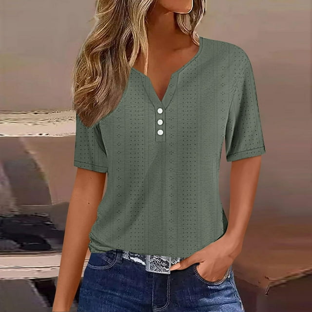 Blouses for Women Womens V-neck Button Solid Color Short Sleeve T-Shirt Loose Top